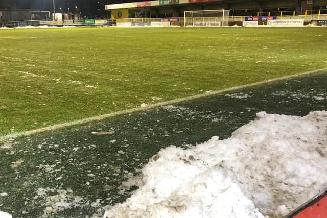 The scene at the EnviroVent Stadium following the abandonment of Harrogate Town's midweek clash with Carlisle United.
