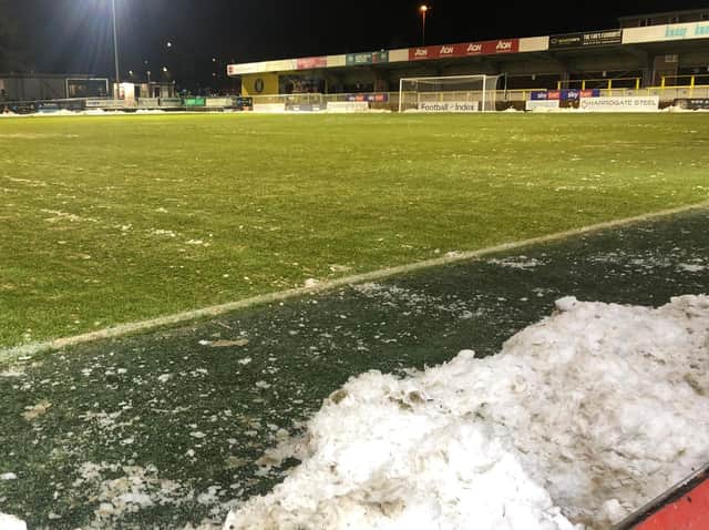 The scene at the EnviroVent Stadium following the abandonment of Harrogate Town's midweek clash with Carlisle United.
