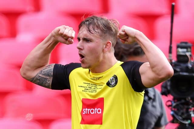 Jack Diamond celebrates after scoring for Harrogate Town in the club's 2019/20 National League play-off final triumph over Notts County at Wembley. Picture: Getty Images