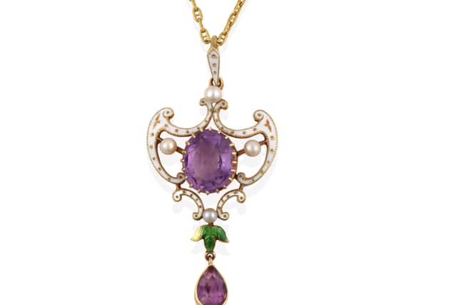 This Edwardian Suffragette Amethyst, Pearl and Enamel Pendant sold for £750 at Tennants Auctioneers’ live online auction on Saturday, January 9.