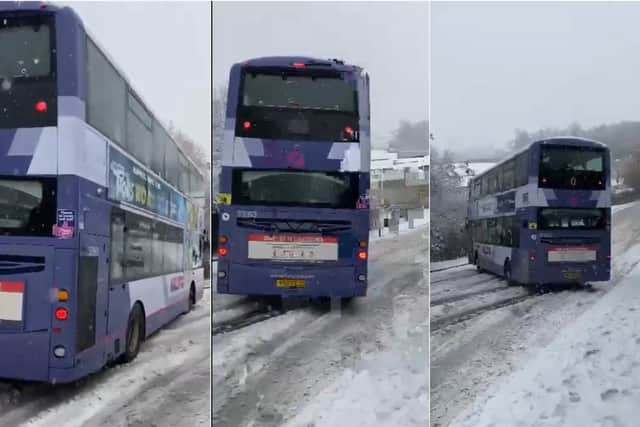 Going... going.... GONE! This Halifax bus driver pulled a mad drift on a road near the Matalan store in Halifax this afternoon, as this video by Scott Downsborough shows