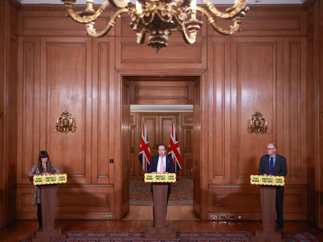 (left to right) Healthcare Epidemiologist Consultant Susan Hopkins, Health Secretary Matt Hancock and NHS England National Medical Director Stephen Powis during a media briefing on coronavirus (COVID-19) in Downing Street, London. Picture date: Monday January 18, 2021. Photo: PA