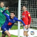 Ed Francis celebrates after bagging a stoppage-time equaliser as Harrogate Town drew 2-2 at Salford City. Picture: Matt Kirkham