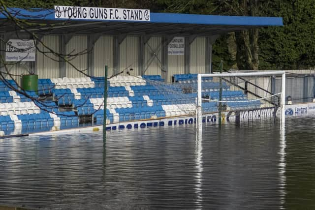 21 January 2021.....  Flood water engulfing Tadcaster Albion's football ground. Picture Tony Johnson