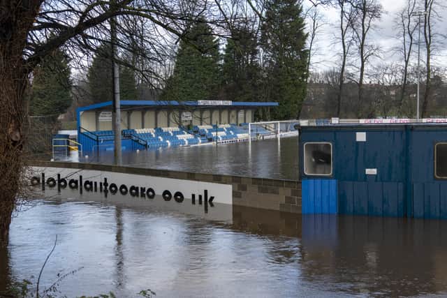 21 January 2021.....  Flood water engulfing Tadcaster Albion's football ground. Picture Tony Johnson