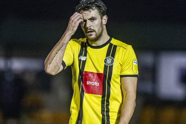 DISMISSED: Connor Hall became the third player in four games to be sent off for Harrogate Town following his red card at Tranmere. Picture: Tony Johnson.
