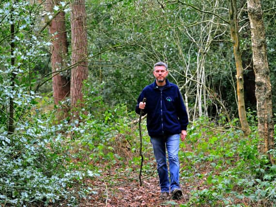 Neil Hind Chairman of the Pinewoods Conservation Group walking through the Pinewoods in Harrogate.