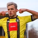 Josh March celebrates after firing in Harrogate Town's 34th-minute equaliser against Newport County. Pictures: Matt Kirkham