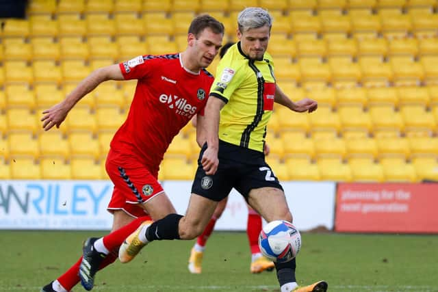 Josh March fires home Harrogate Town's 34th-minute equaliser against Newport County. Picture: Matt Kirkham