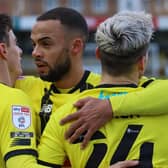 Town players celebrate Josh March's equalising goal during Saturday's League Two win over Newport County. Pictures: Matt Kirkham