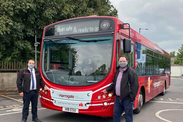 Harrogate Bus Company’s Operations Director Vitto Pizzuti (left) and CEO Alex Hornby are reminding customers to keep following Government guidance when travelling. Picture: Gerard Binks.