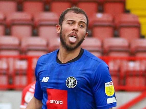 Aaron Martin celebrates after giving Harrogate Town the lead at Crawley. Pictures: Matt Kirkham