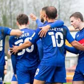 Harrogate Town players celebrate taking a 3-0 lead against Crawley on Saturday. Picture: UK Sports Images Ltd/Jamie Evans.