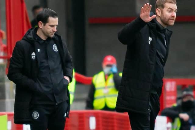 Town boss Simon Weaver, right, and his assistant, Paul Thirlwell, watch on from the sidelines at Crawley. Picture: UK Sports Images LTD/Jamie Evans.