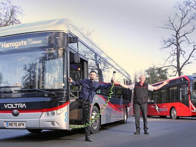 Electric dreams - The Harrogate Bus Company General Manager Frank Stanisauskis (left) and driver Ricki Tomlinson with the Yutong E10 electric bus now on trial between Harrogate and Knaresborough.