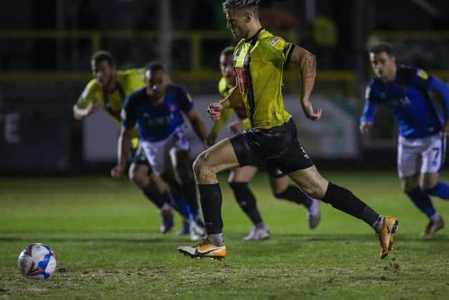 Josh March converted a 28th-minute penalty to hand Harrogate Town victory over the visiting Cumbrians at the EnviroVent Stadium. Picture: Matt Kirkham