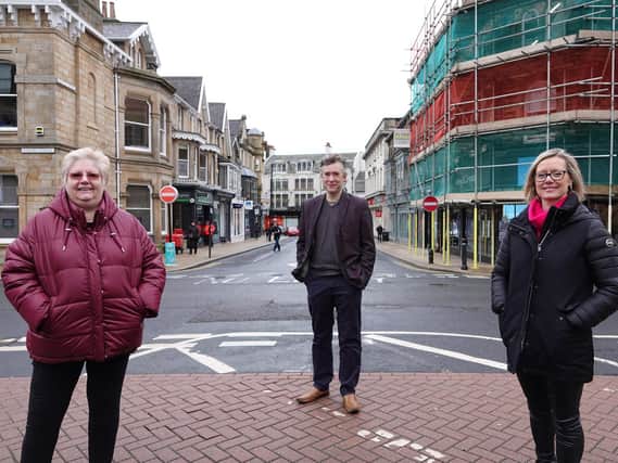 Joint statement - Pictured in Princes Square in Harrogate are Sandra Doherty, Harrogate District Chamber of Commerce CEO, Robert Ogden Independent Harrogate Co-founder, and Sara Ferguson, Harrogate BID Chair.