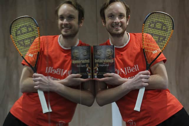 World Squash Champion James Willstrop with his new book, Heroes and Icons... and What Drives Them to Succeed.