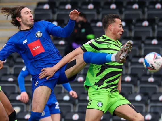 Dan Jones stretches for the ball during Harrogate Town's League Two loss at Forest Green Rovers. Pictures: Matt Kirkham