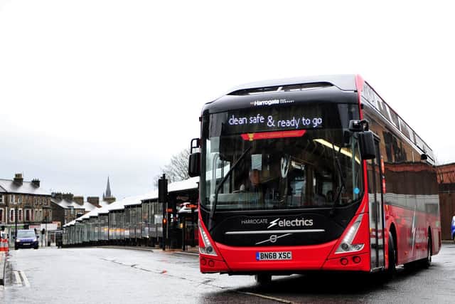 A Harrogate Electrics bus leaves the town’s bus station, currently divided from the town’s retail centre by Lower Station Parade – a two-lane, one-way road which prior to lockdown saw frequent traffic congestion.