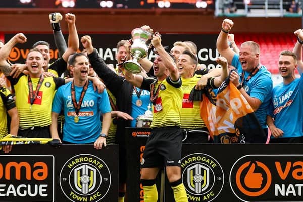 Harrogate Town won the 2019/20 National League play-off final at an empty Wembley Stadium. Pictures: Matt Kirkham