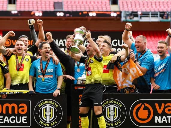 Harrogate Town won the 2019/20 National League play-off final at an empty Wembley Stadium. Pictures: Matt Kirkham