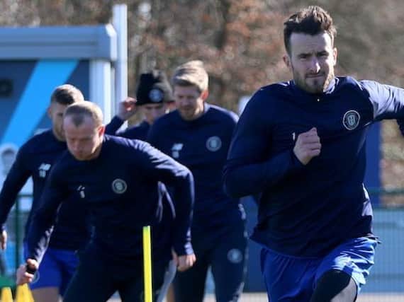 Harrogate Town players are put through their paces during an intense training session earlier this week. Pictures: Matt Kirkham