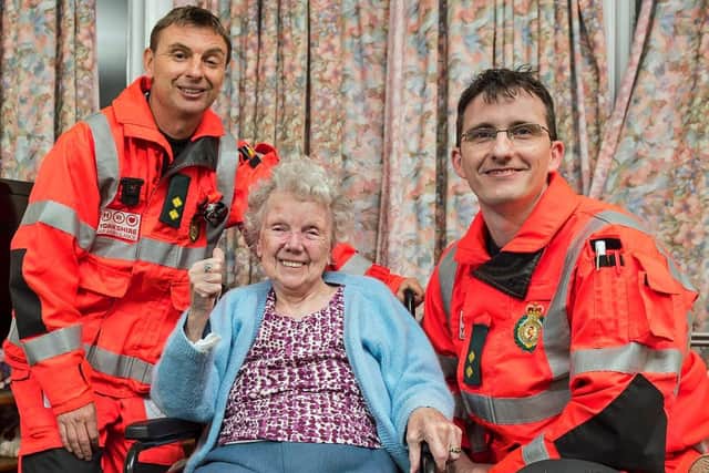 Flashback to 2016 when Rose Smiles meets the Yorkshire Air Ambulance paramedics Tony Wilkes (left) and Paul Holmes.