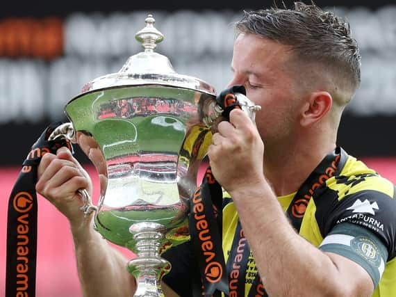 Josh Falkingham led Harrogate Town to victory in the 2019/20 National League play-off final at Wembley Stadium. Picture: Getty Images