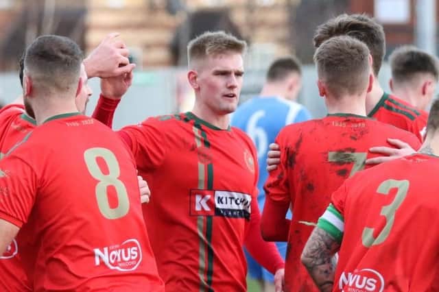 Marcus Day celebrates with his Harrogate Railway team-mates during Bank Holiday Monday's home win over Ollerton Town. Picture: Craig Dinsdale