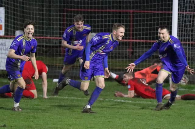 Joe Crosby, centre, scored Harrogate Railway's fourth goal as they took Selby Town apart. Picture: Craig Dinsdale