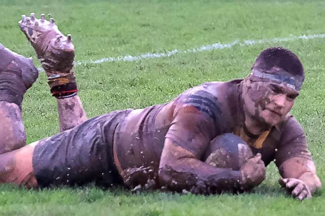 Jacob Percival slides over the try-line to register Harrogate RUFC's second try during Saturday's home defeat to Bourneville. Picture: Richard Bown