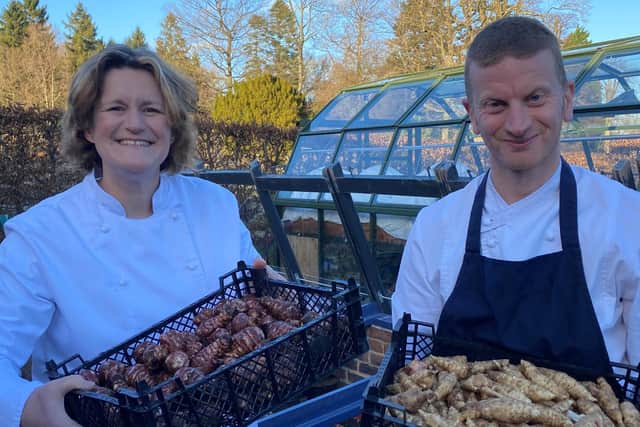 Steph Moon and Matthew Wilkinson collect ingredients from the Rudding Park Kitchen Garden