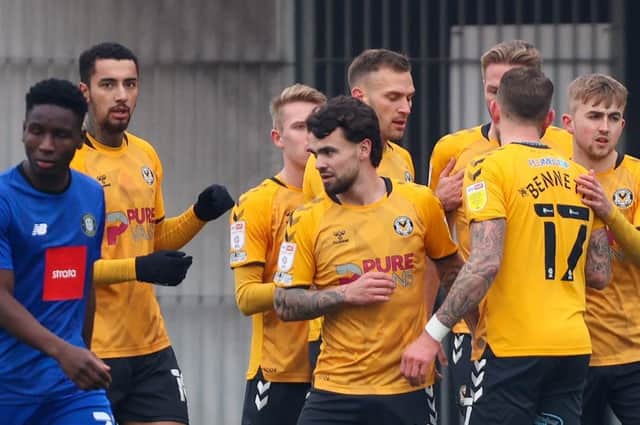 Harrogate Town were comprehensively beaten 4-0 at Newport County on Saturday afternoon. Pictures: Matt Kirkham