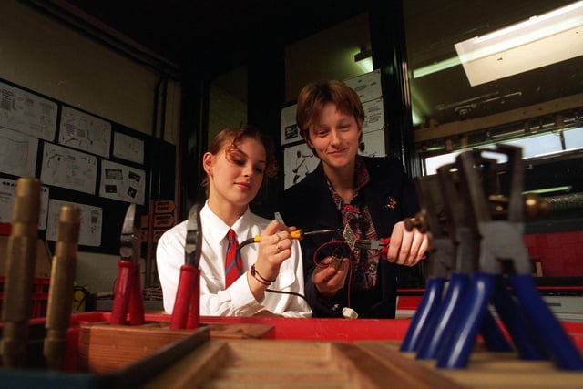 A lesson in electronics for pupil Faye Annetts from technology teacher Wendy Redmile at Garforth Community College in March 1997.