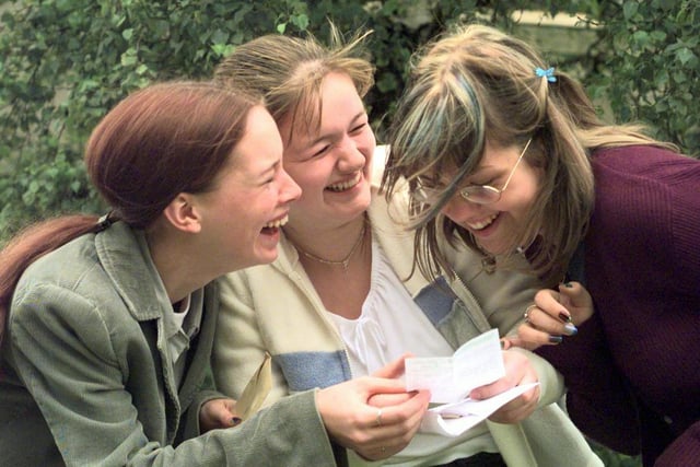 Garforth Community College students Melanie Maddison, Hannah Roberts and Samantha Kell celebrate their A-level results in August 1999.