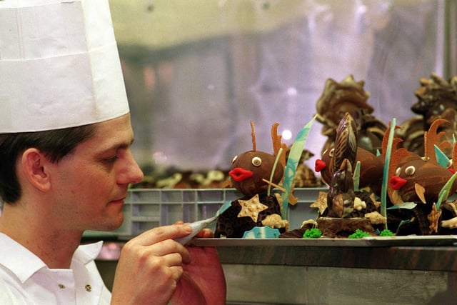 Thierry Dumouchel puts the finishing touch to one of the Easter egg creations he was selling from his Garforth patisserie in March 1999.
