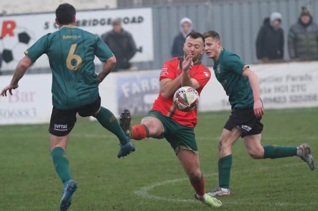 Harrogate Railway midfielder Fatlum Ibrahimi gets stuck in during Saturday's NCEL Division One defeat to North Ferriby at Station View. Picture: Craig Dinsdale