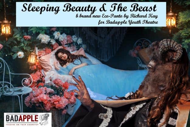 fantasy woman sleeping beauty lies sleep on comfortable bed, mattress, soft pillow. Background mystical garden, night, peonies flowers green trees. Fairy-tale girl princess in blue dress. Sweet dreams