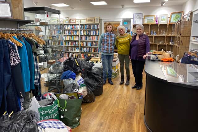 Volunteers at the new Nidd Plus charity shop, from left, Felicity Hallam, Julia Kent and Jayne Booth.