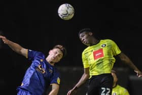 Brahima Diarra challenges for a header during Harrogate Town's goalless draw with Mansfield Town at Wetherby Road. Pictures: Matt Kirkham