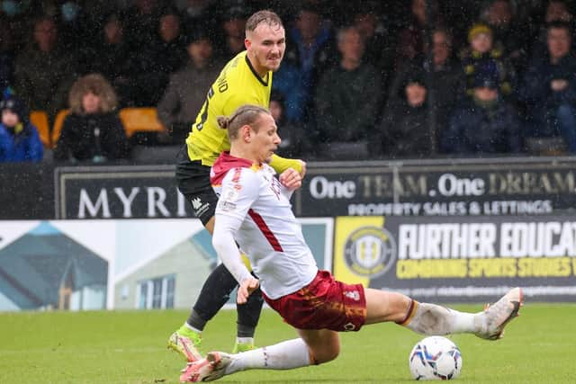 Harrogate Town winger Jack Diamond's 62nd-minute strike deflects off Bradford City defender Oscar Threlkeld to break the deadlock at the EnviroVent Stadium.