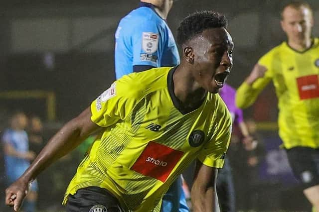 Brahima Diarra celebrates after netting a second-half equaliser for Harrogate Town against Crawley. Pictures: Matt Kirkham