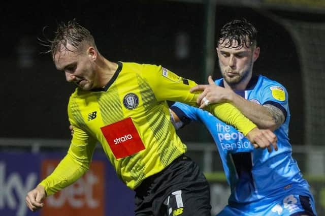 Jack Diamond in action for Harrogate Town during Tuesday night's League Two defeat to Crawley Town. Picture: Matt Kirkham
