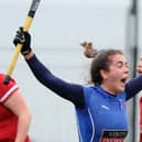 Rosie Dale celebrates after finding the net to set Harrogate Hockey Club Ladies 1st XI on their way to a 2-1 home victory over local rivals City of York. Pictures: Gerard Binks