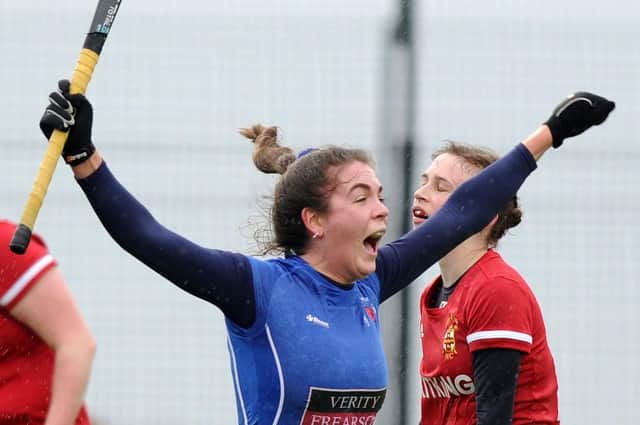 Rosie Dale celebrates after finding the net to set Harrogate Hockey Club Ladies 1st XI on their way to a 2-1 home victory over local rivals City of York. Pictures: Gerard Binks