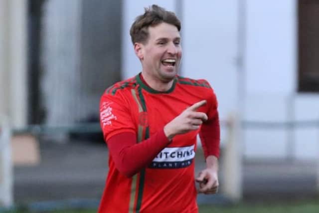 Mike Morris celebrates after heading Harrogate Railway into a 5-0 lead at home to rock-bottom Teversal.