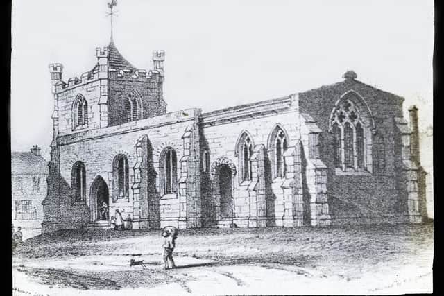 The old church which stood on St James Square at Boroughbridge where it was thought Lancaster was taken from sanctuary to trial at York.