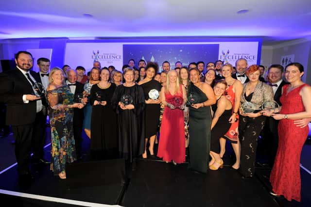 The winners from our Harrogate Advertiser Excellence in Business Awards 2019 pose proudly at the Pavilions in Harrogate where we will be returning later this summer when the gala event is held ‘live’ for the first time since Covid. PHOTO: Gerard Binks.