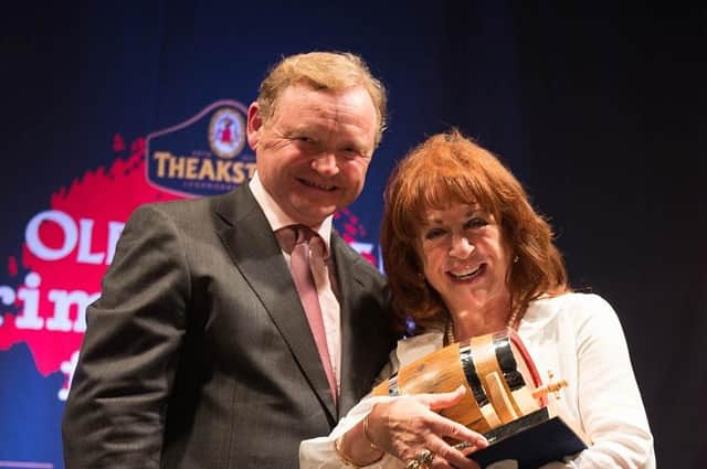 Flashback to 2014 - Winner of the Outstanding Contribution to Crime Fiction Lynda La Plante with Theakston Old Peculier Crime Writing Festival sponsor, Simon Theakston.